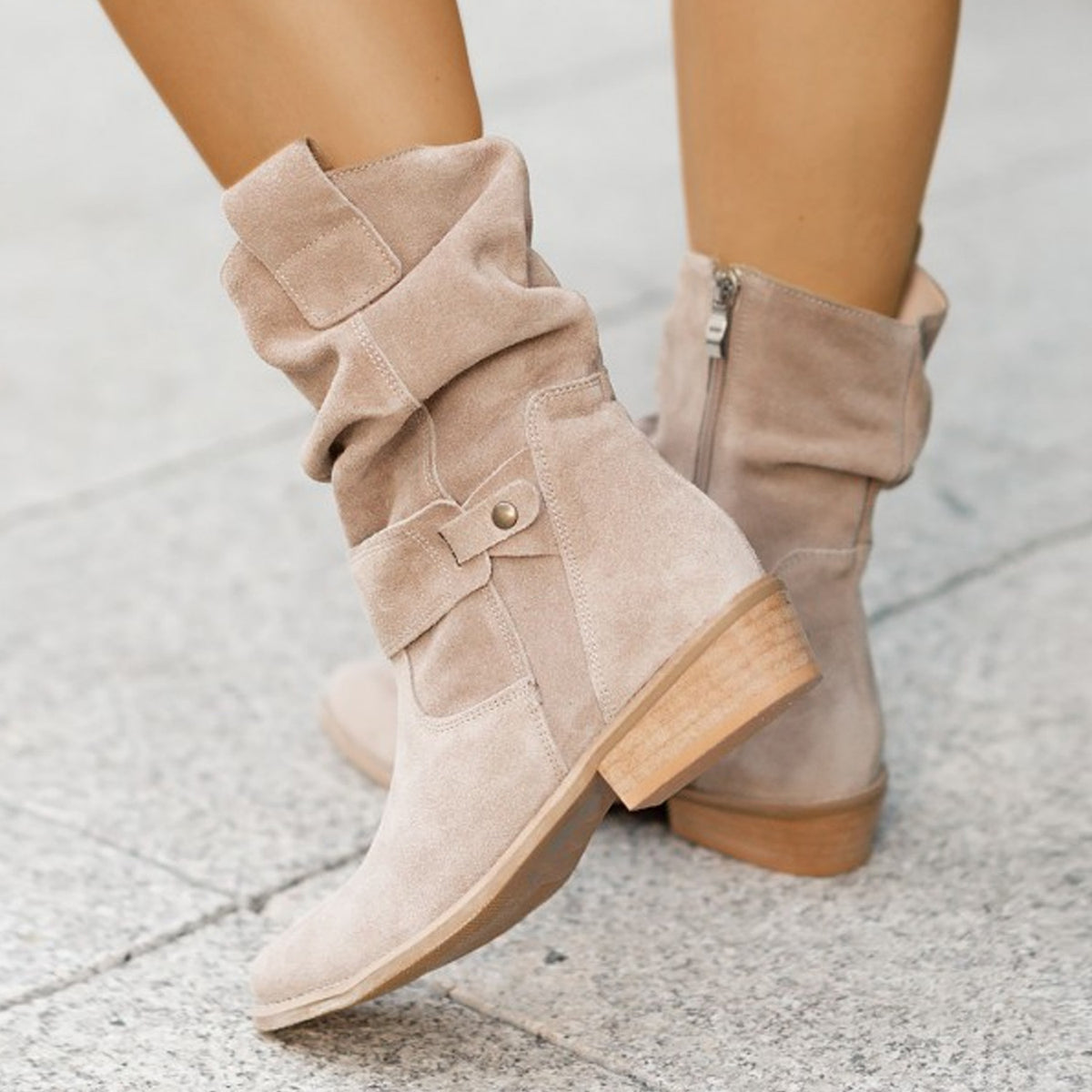 Bottes mi-mollet à bout pointu Loom & Soul pour femme – Bottes western en daim tendance avec fermeture éclair et talon carré