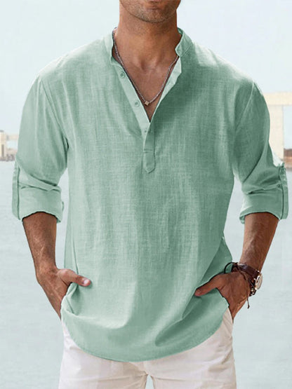 Men’s Stand Collar Sports Shirt – Loose Fit Breathable Cotton Pullover