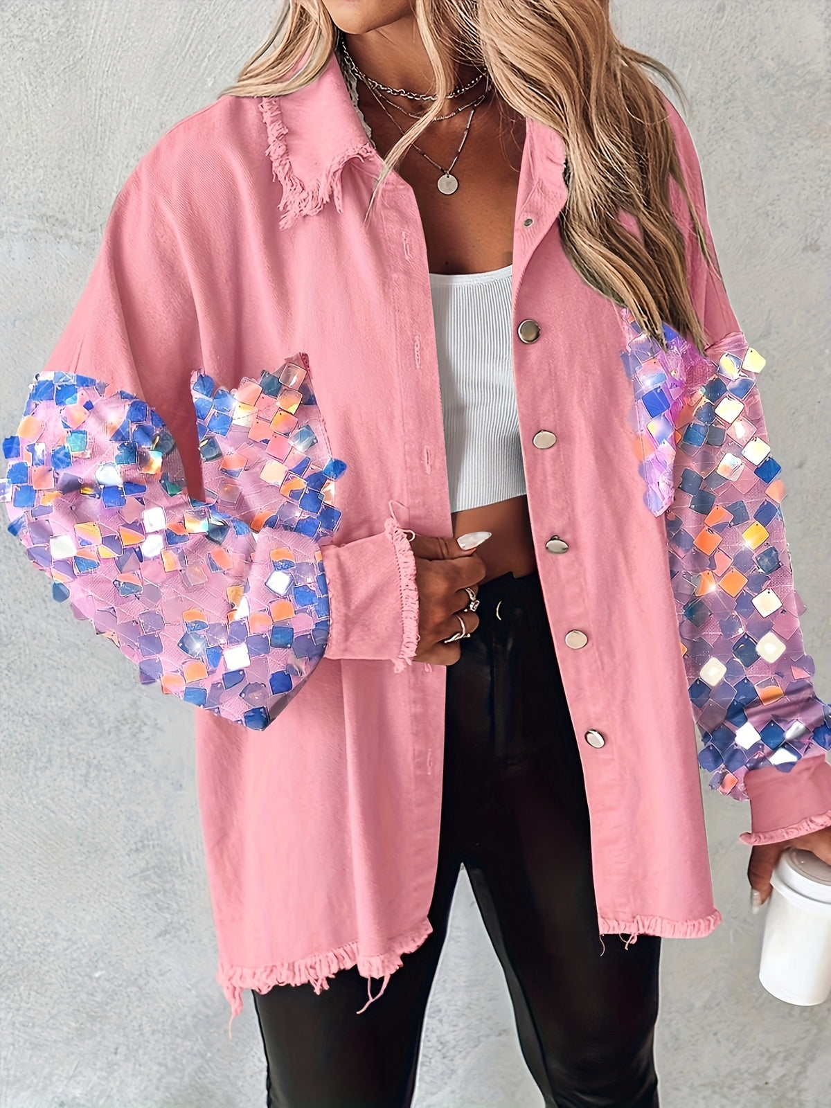 Veste chemise patchwork à paillettes et pampilles pour femme – Veste à manches longues contrastantes duveteuses