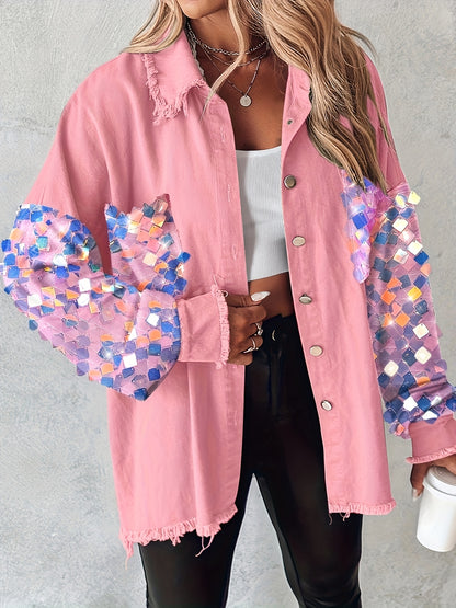 Veste chemise patchwork à paillettes et pampilles pour femme – Veste à manches longues contrastantes duveteuses