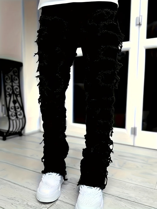 Jean slim homme vieilli – déchirures superposées et patchwork denim urbain