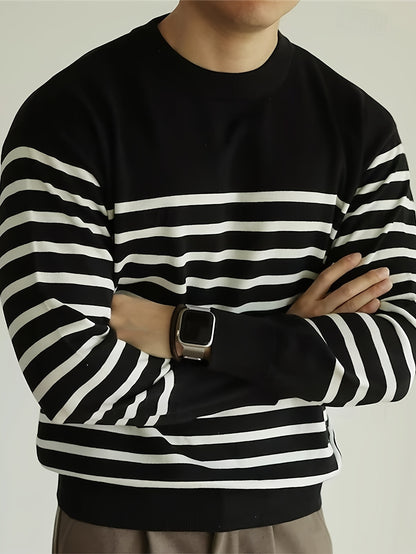 Men’s Striped Knit Sweater – Casual Crew Neck Streetwear Pullover