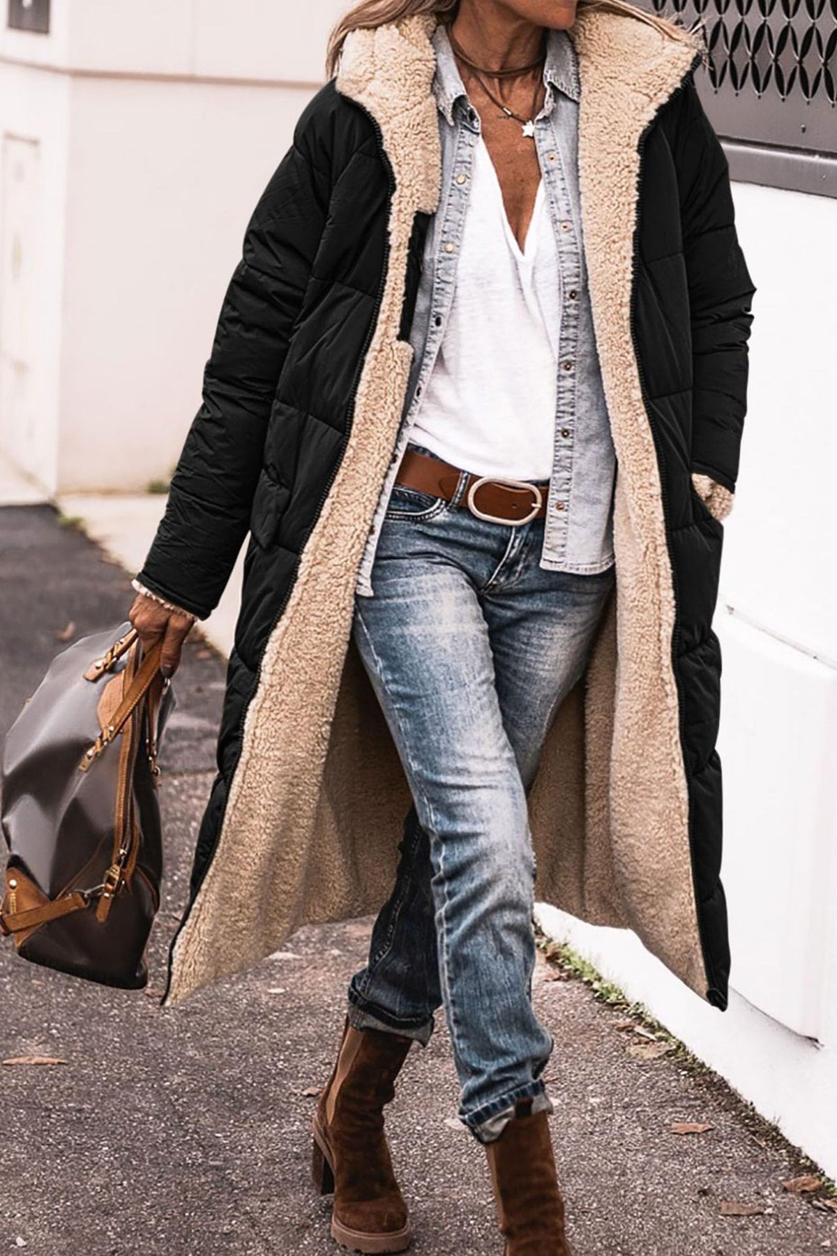 Manteau long Street Chic™ Loom & Soul — Veste mi-longue en mélange de coton pour femme avec poches | Élégante, confortable et confiante