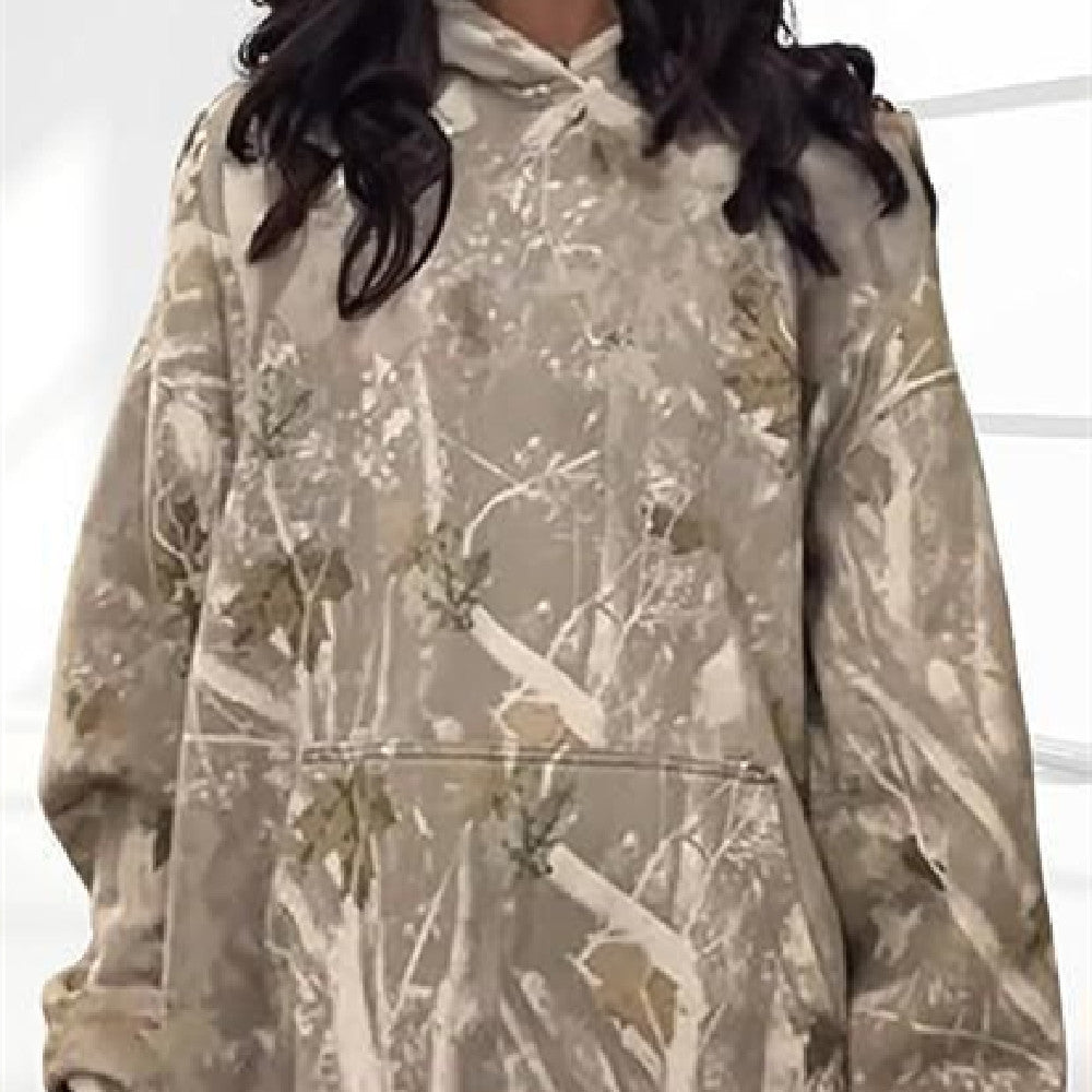 Haut à capuche floral décontracté Loom & Soul pour femmes – Pull ample avec manches lanternes, poche avant et imprimé numérique (Kaki, Gris clair)