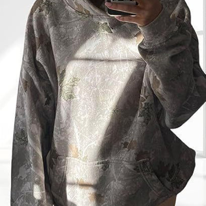 Haut à capuche floral décontracté Loom & Soul pour femmes – Pull ample avec manches lanternes, poche avant et imprimé numérique (Kaki, Gris clair)