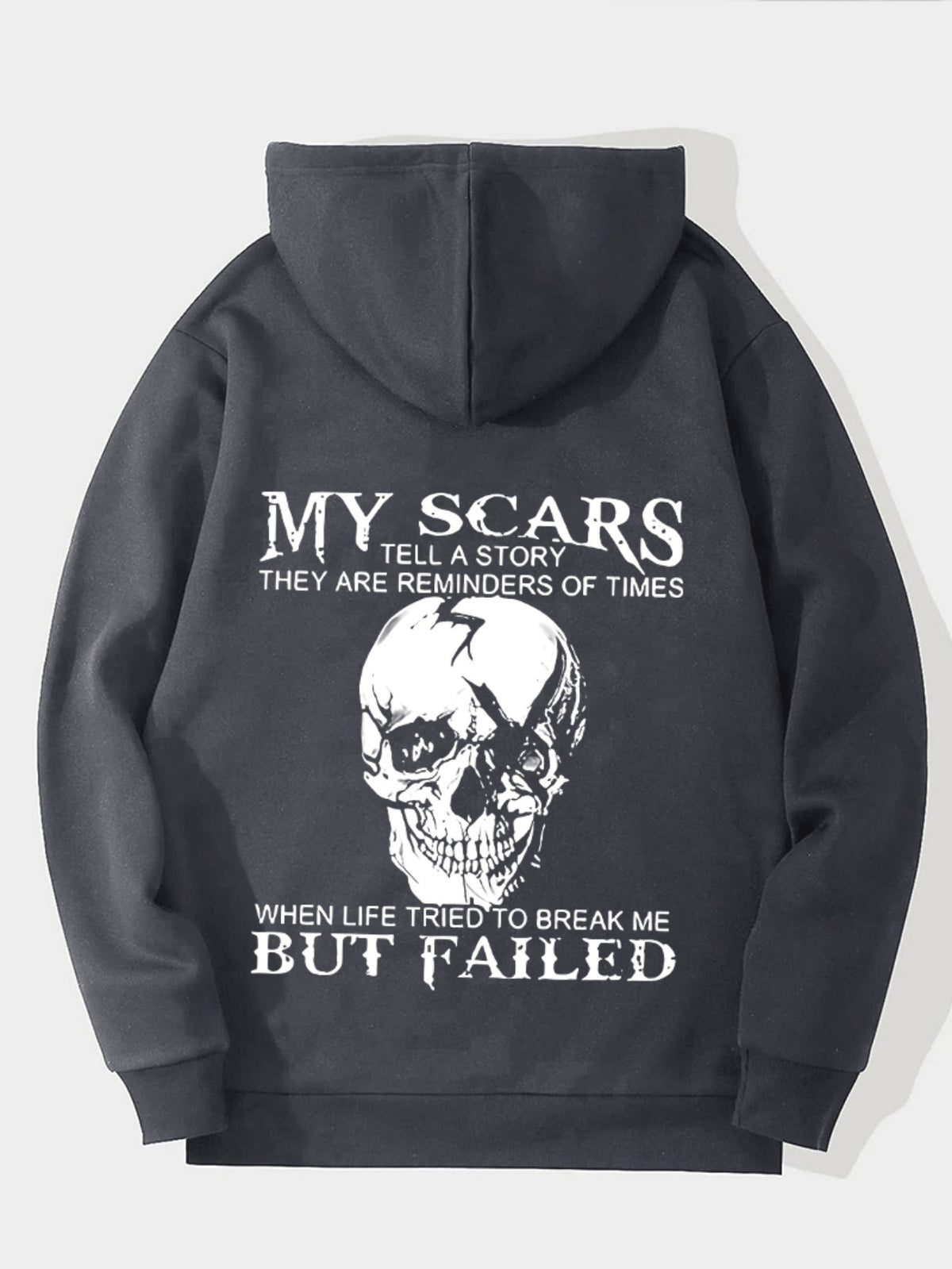 Sudadera con capucha para hombre "Mis cicatrices cuentan una historia" – Estampado trasero de calavera motivacional