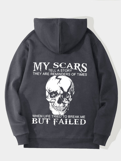 Sudadera con capucha para hombre "Mis cicatrices cuentan una historia" – Estampado trasero de calavera motivacional