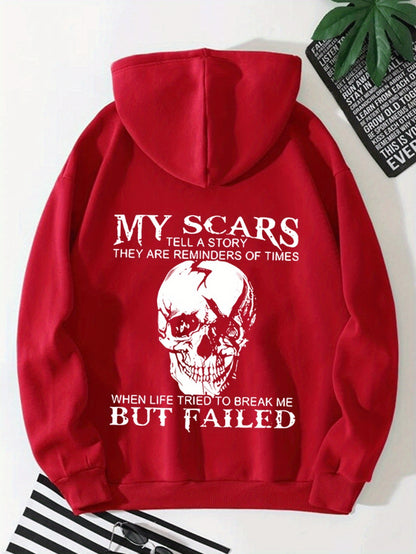 Sudadera con capucha para hombre "Mis cicatrices cuentan una historia" – Estampado trasero de calavera motivacional