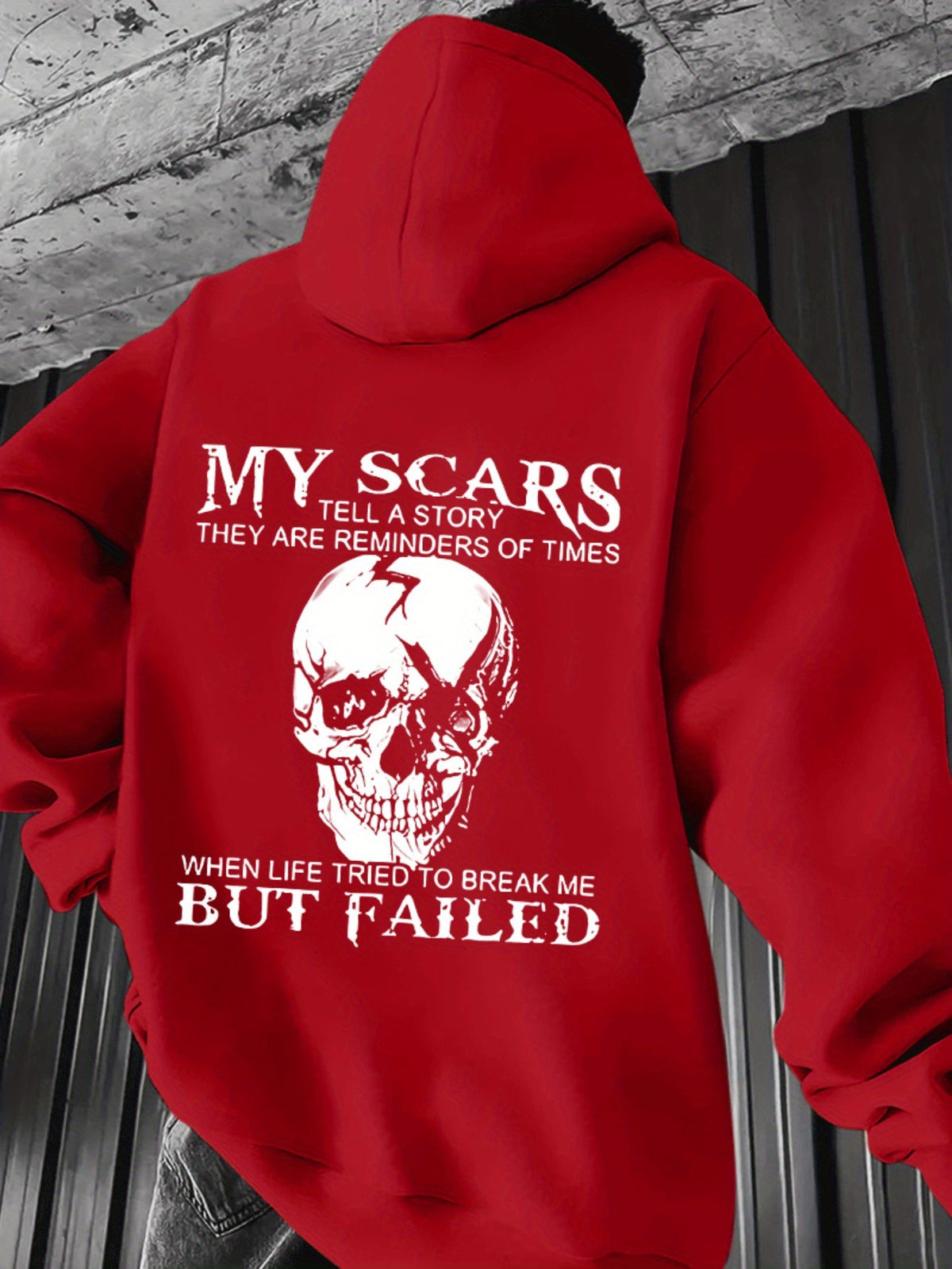 Sudadera con capucha para hombre "Mis cicatrices cuentan una historia" – Estampado trasero de calavera motivacional