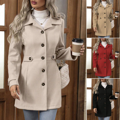 Manteau élégant en laine Loom & Soul™ – Veste mi-longue à revers et simple boutonnage pour femme, pour un style hivernal sans effort