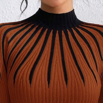 Women’s Slim Fit Mock Neck Sweater – Ribbed Striped Long Sleeve Knit