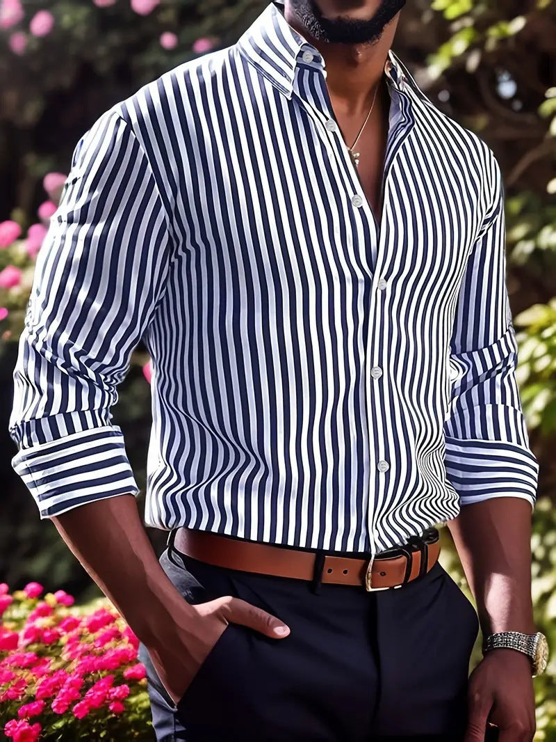 Loom & Soul™ Men’s Striped Long-Sleeve Shirt – Casual Lapel Button Down Top