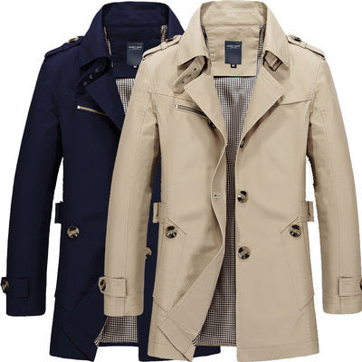 Men’s Mid-Length Hooded Trench Jacket – Casual Stand Collar Coat