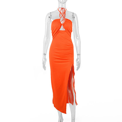 Vestido maxi dividido con cordones y cuello halter – Vestido de fiesta de verano Y2K sin espalda