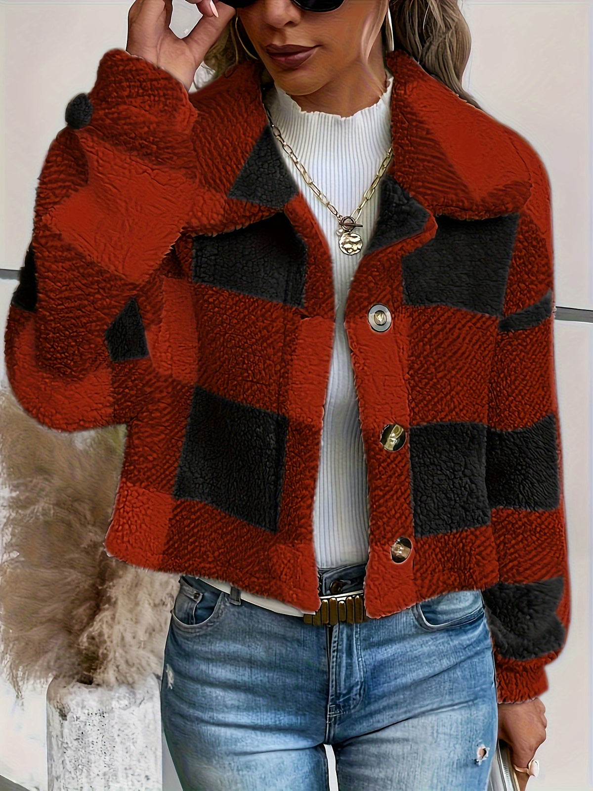Manteau en peluche à carreaux pour femme – Vêtement d'extérieur chaud à carreaux pour l'automne/hiver avec boutons