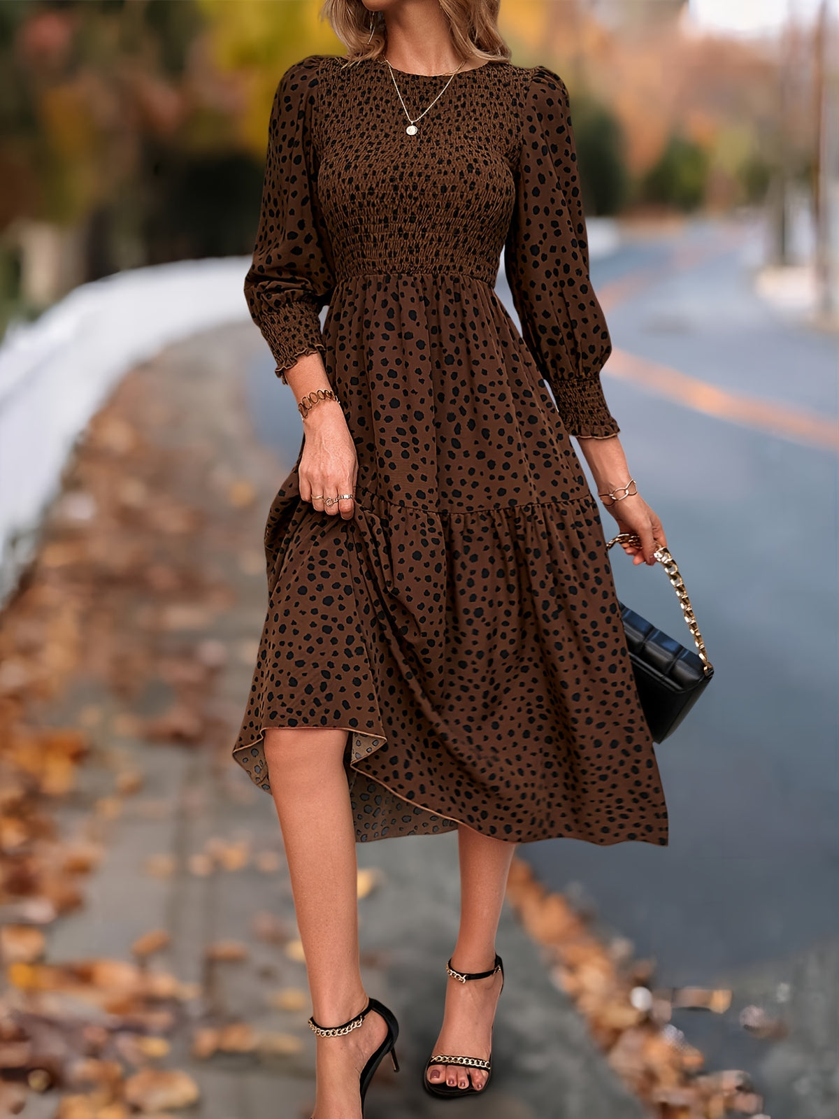 Leopard Print Long Sleeve Maxi Dress – Elegant A-Line Flowing Dress