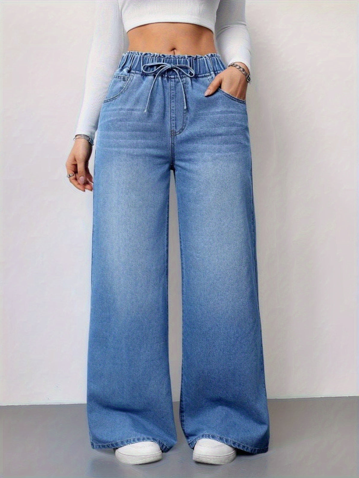 Jean large taille haute pour femme – Denim stretch avec cordon de serrage 2025