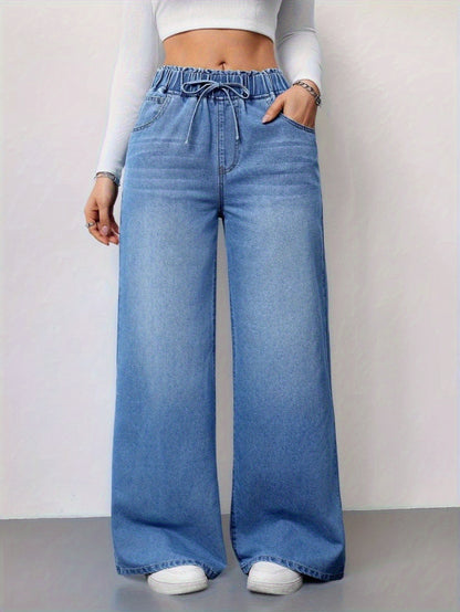 Jean large taille haute pour femme – Denim stretch avec cordon de serrage 2025