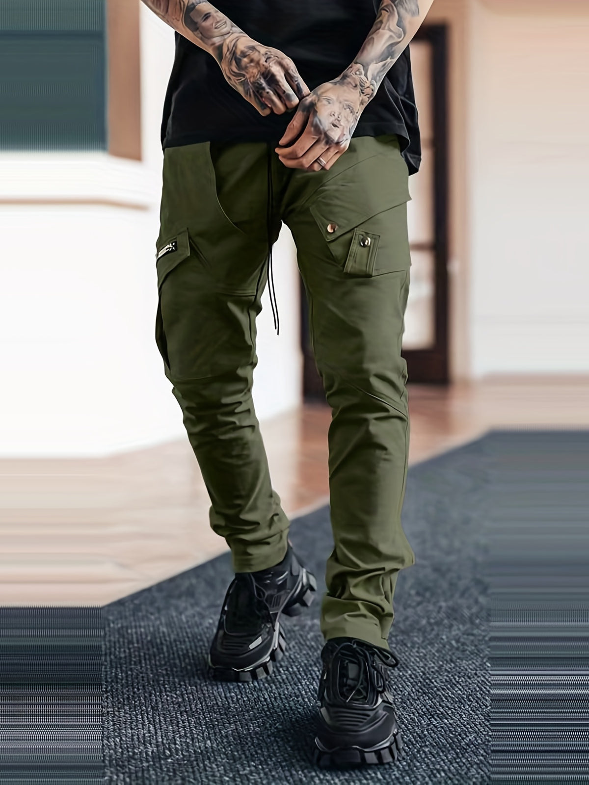 Pantalon cargo noir pour homme – Pantalon streetwear multipoches à cordon de serrage