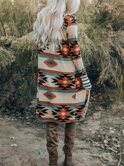 Southwestern Aztec Print Cardigan – Women’s Turquoise & Red Knit Jacket
