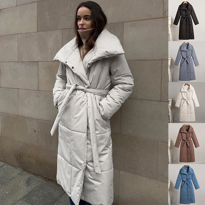 Manteau d'hiver à grand revers Loom & Soul™ pour femme – Longue veste matelassée en coton chaud avec ceinture et poches