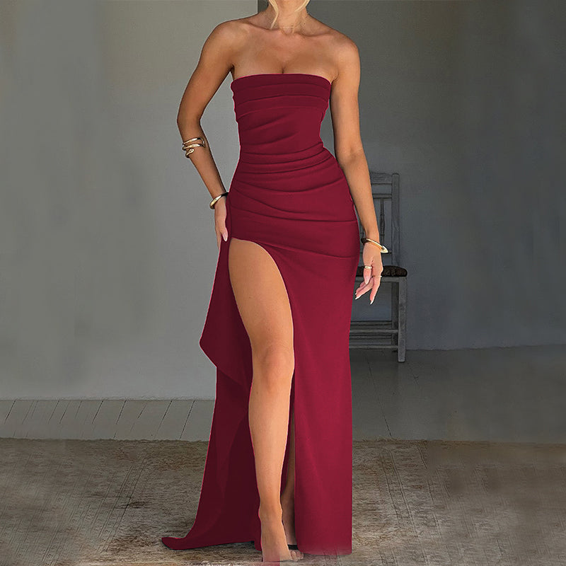Robe longue plissée bustier – Robe de soirée de demoiselle d'honneur élégante fendue