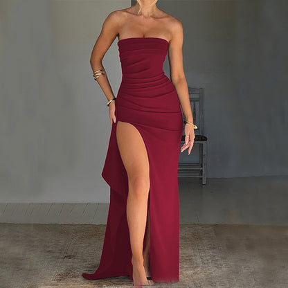 Robe longue plissée bustier – Robe de soirée de demoiselle d'honneur élégante fendue