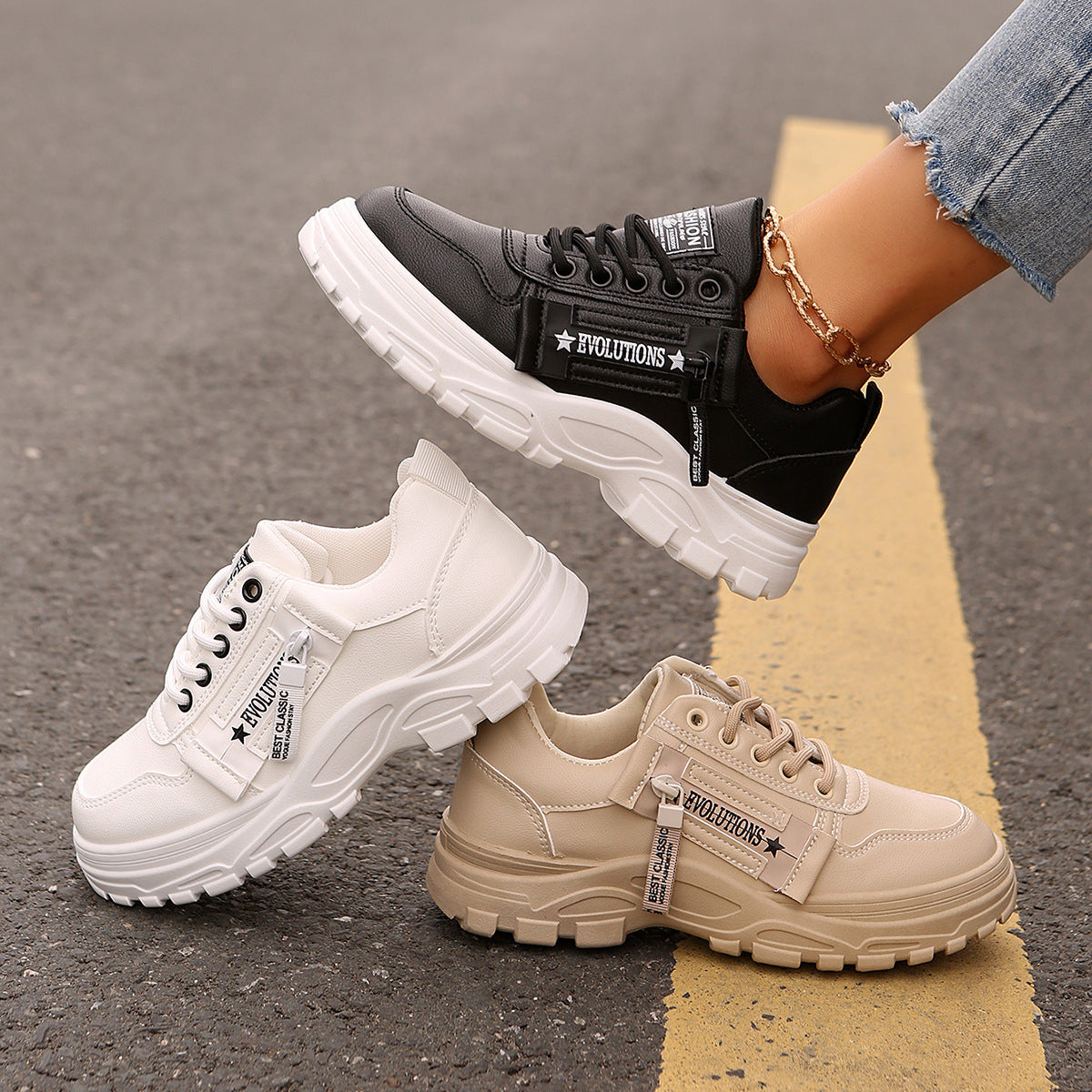 Baskets montantes Loom & Soul™ à lacets et fermeture éclair latérale – Chaussures décontractées pour femmes en PU à semelle épaisse avec motifs cousus contrastés