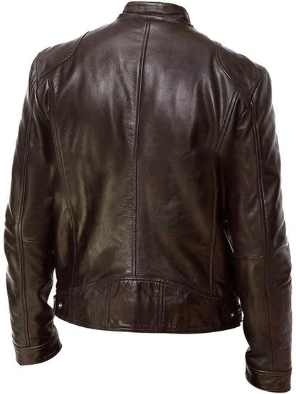 Veste de moto zippée pour homme – Col montant en cuir PU marron