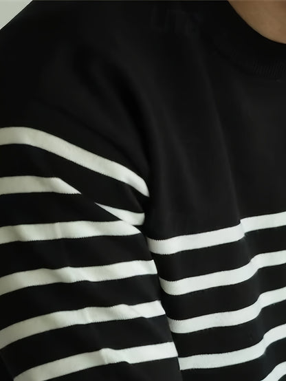 Men’s Striped Knit Sweater – Casual Crew Neck Streetwear Pullover