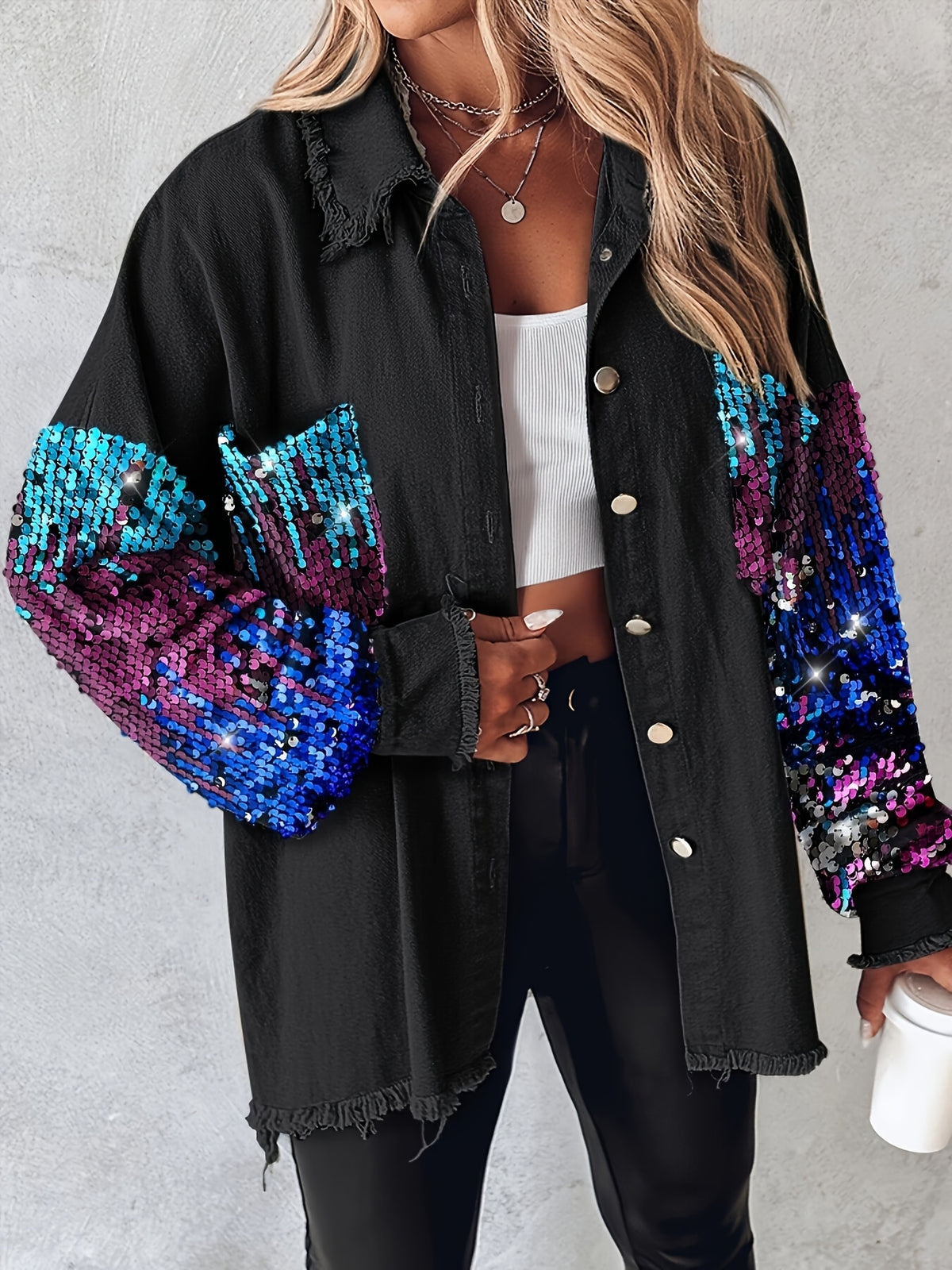 Veste chemise patchwork à paillettes et pampilles pour femme – Veste à manches longues contrastantes duveteuses