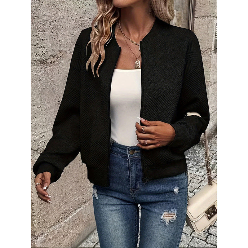 Blouson bombardier texturé Loom & Soul pour femme – Manteau mode d'automne zippé à col montant | Vêtement d'extérieur décontracté léger et chic