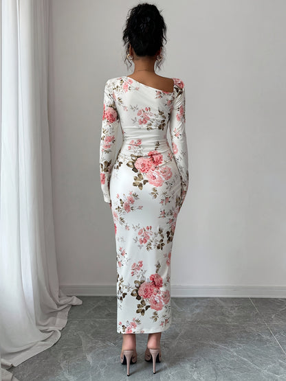 Asymmetrical Floral Bodycon Dress – Long Sleeve Ruffle Slit Dress