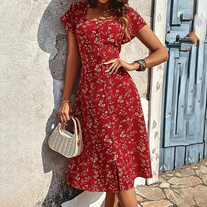 Robe longue boutonnée florale style bohème – Robe de plage fendue d'été