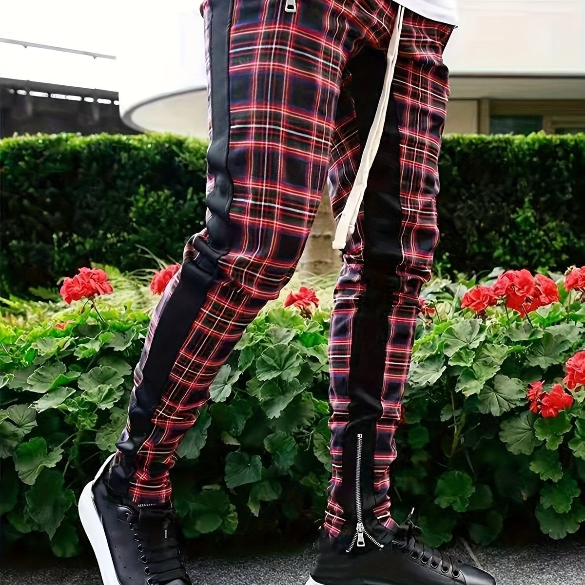 Men’s Red & Black Plaid Joggers – 3D Knit Streetwear Trousers