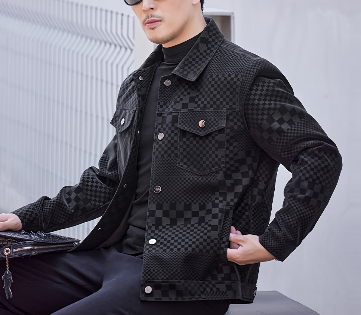 Manteau en PU à carreaux pour hommes – Veste de rue pied-de-poule noir et marron