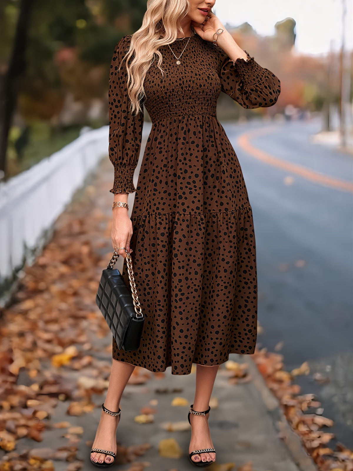 Leopard Print Long Sleeve Maxi Dress – Elegant A-Line Flowing Dress