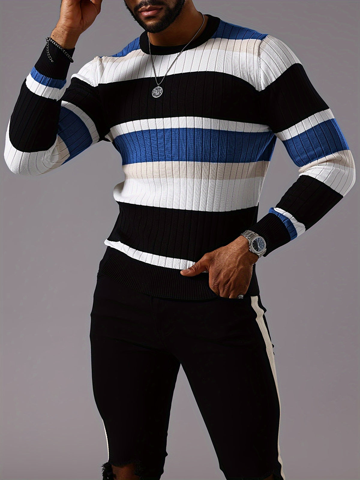 Men’s Striped Ribbed Knit Sweater – Color-Block Fall Winter Pullover
