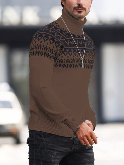 Men’s Geometric Turtleneck Sweater – Casual Knit Pullover for Fall & Winter