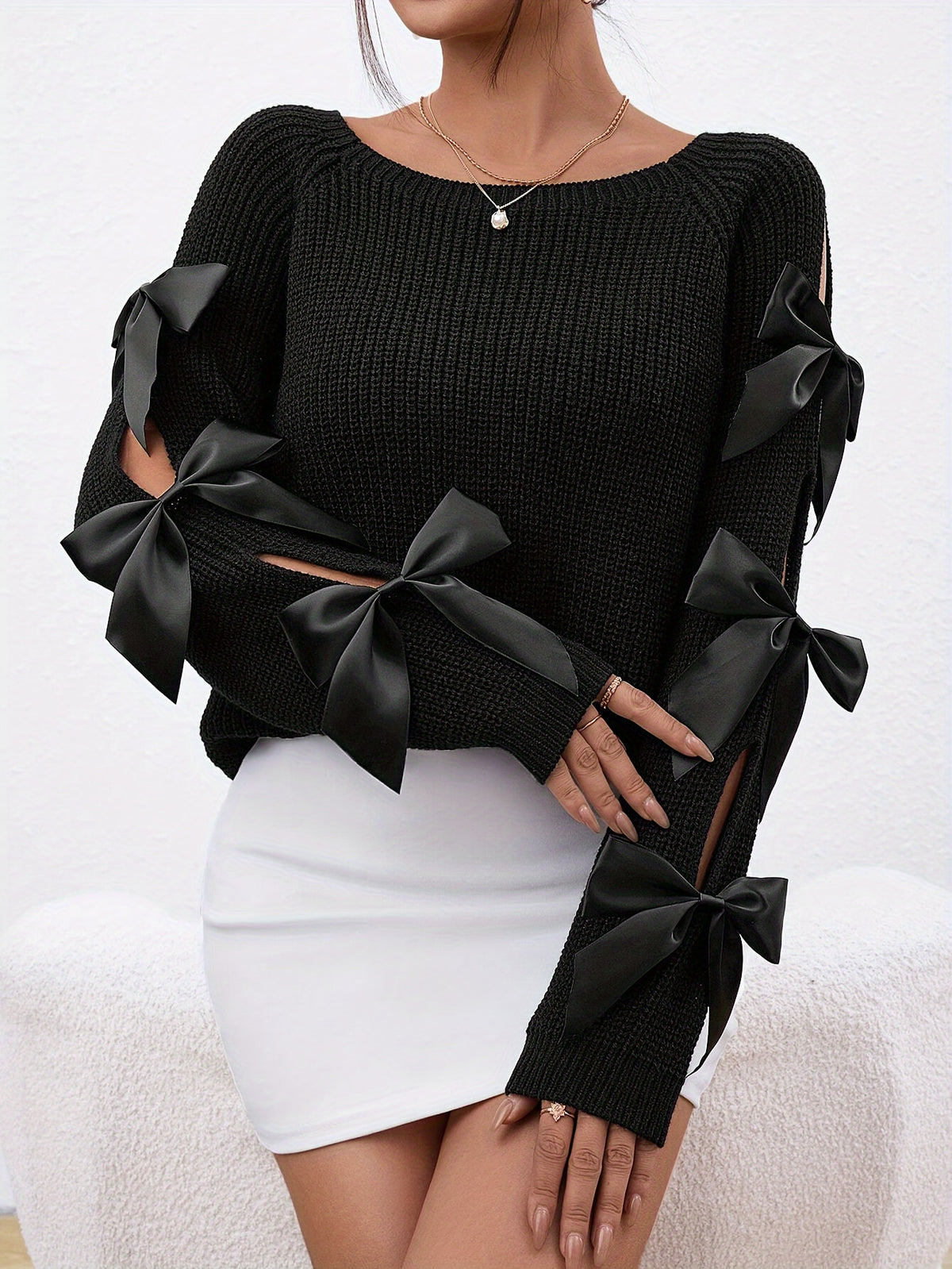 Chandail à manches creuses et nœud papillon – Haut en tricot élégant à col rond pour femme