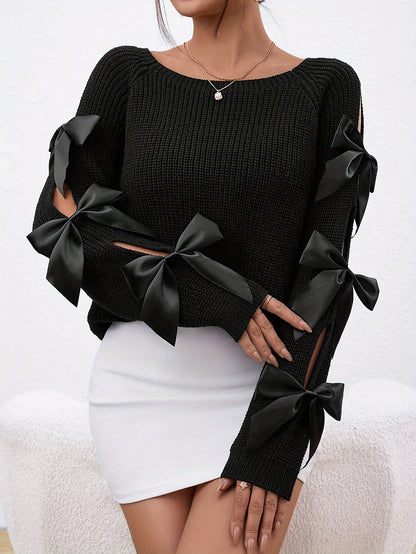 Chandail à manches creuses et nœud papillon – Haut en tricot élégant à col rond pour femme
