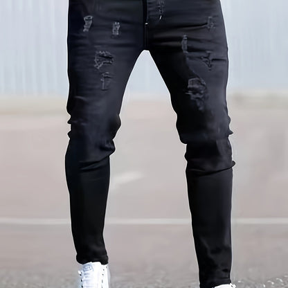 Jean slim noir délavé pour homme – Jean stretch déchiré pour toutes les saisons