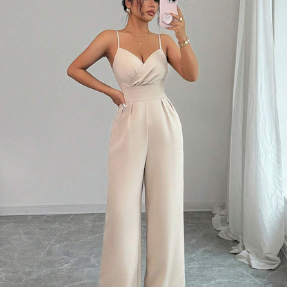 Combinaison salopette minimaliste à col en V – Élégante pantalon palazzo à jambes larges