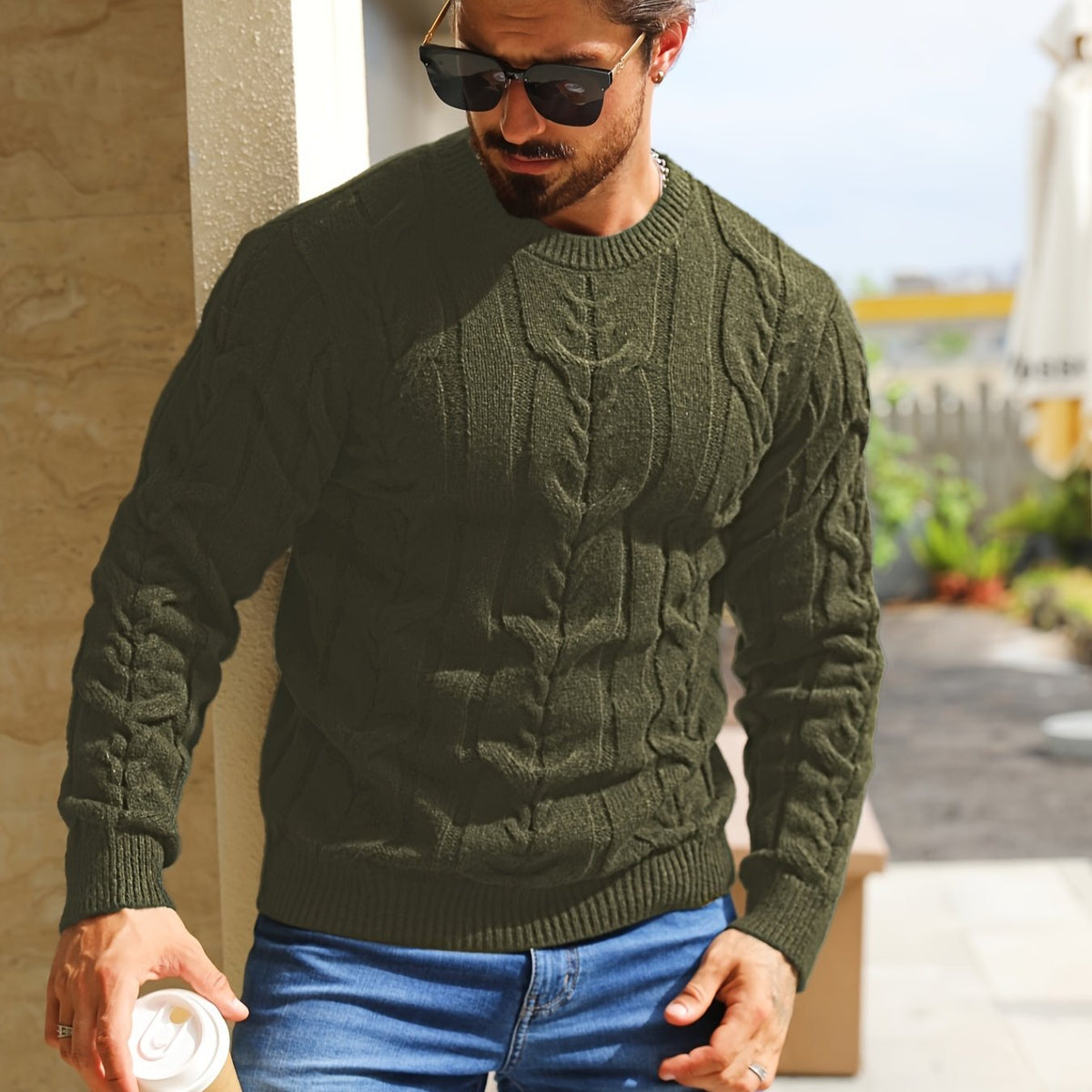 Suéter de punto a rayas para hombre – Suéter suave con cuello redondo y ribete acanalado
