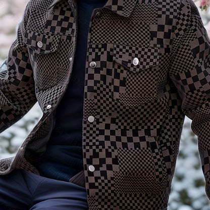 Manteau en PU à carreaux pour hommes – Veste de rue pied-de-poule noir et marron