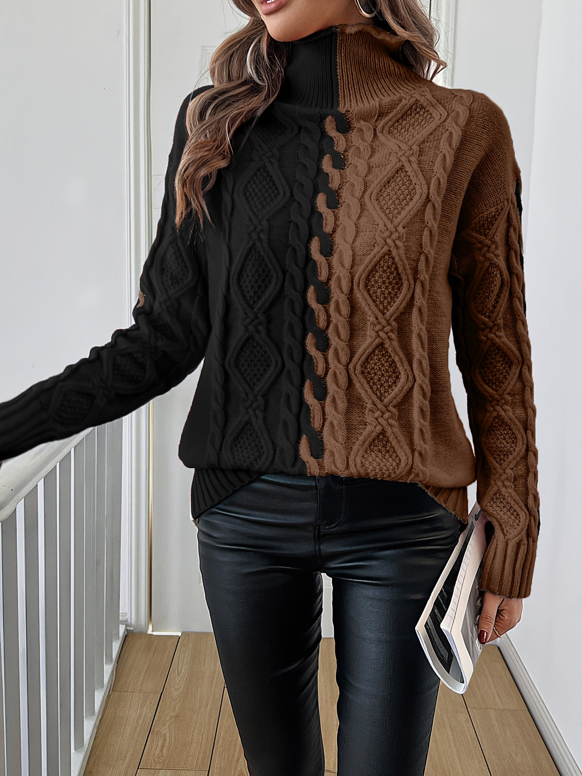 Elegant High-Neck Striped Blouse – Color-Block Knit Long Sleeve Top