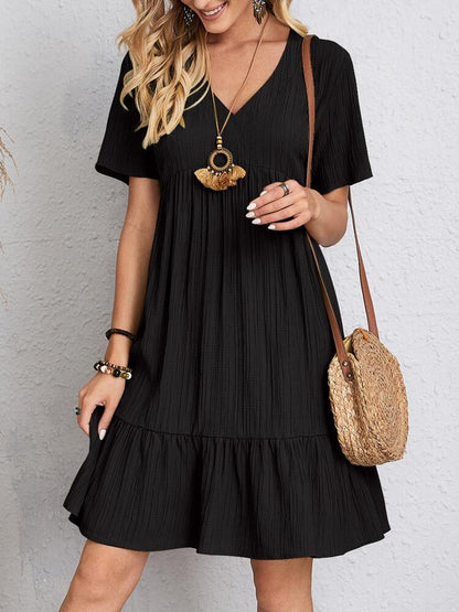 Loom & Soul™ V-Neck Ruffle Dress – Women’s Casual Short Sleeve Summer Beach Dress