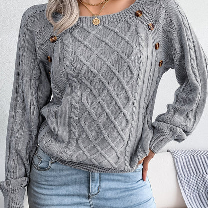Pull texturé à manches lanternes pour femme – Haut en maille à boutons