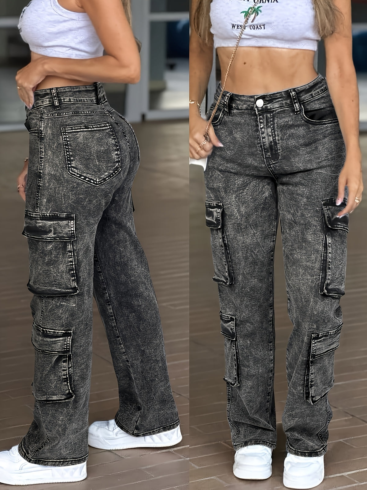 Jean cargo taille haute pour femme – Pantalon en jean multipoches style workwear