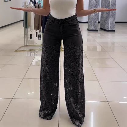 Jean évidé en dentelle Loom & Soul™ Y2K – Pantalon taille haute pour femme avec détails découpés floraux